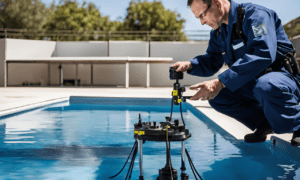 A professional using equipment to detect leaks in a pool.