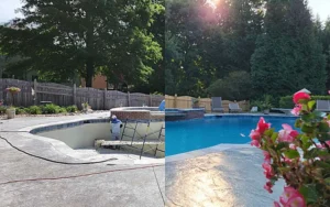 A rejuvenated gunite pool fully repaired and ready for use, showcasing its aesthetic appeal.