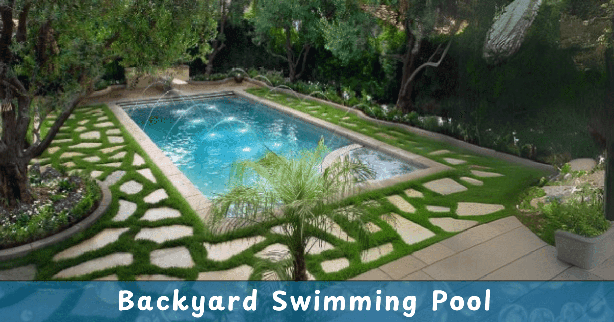 Modern backyard swimming pool with fountain jets, surrounded by lush greenery, stepping stones, and natural landscaping.