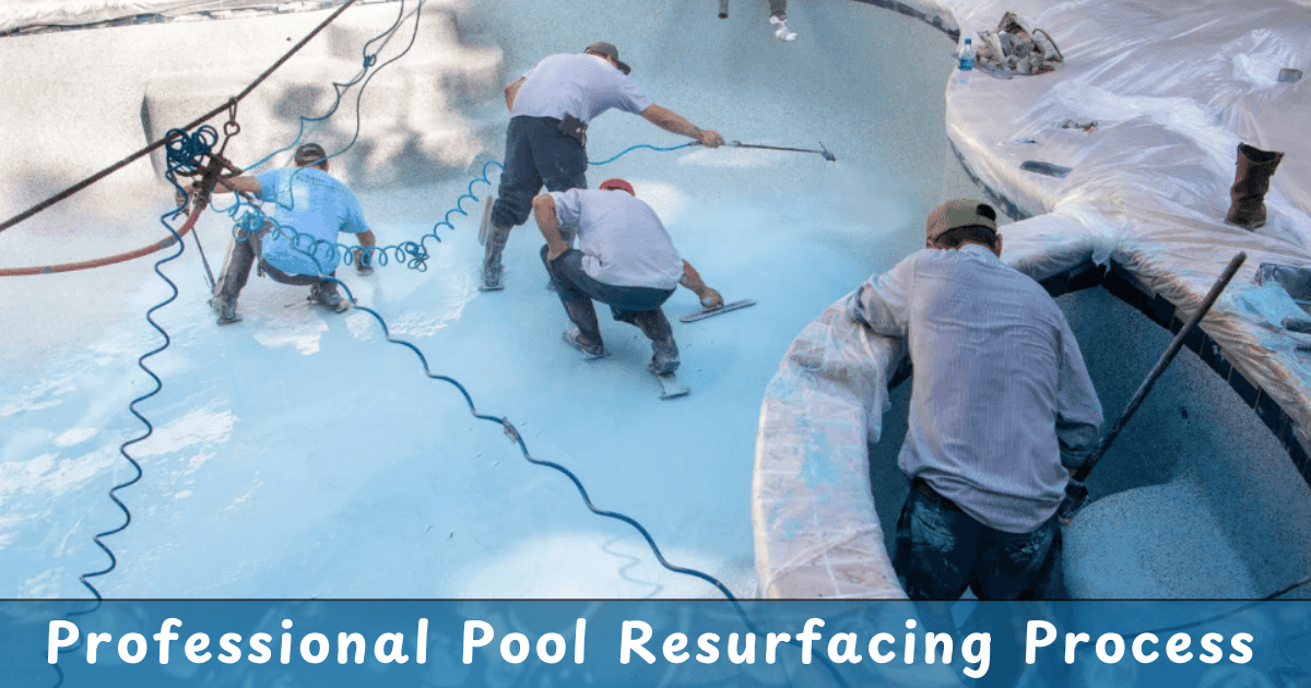 Swimming pool resurfacing contractors applying plaster finish to pool interior