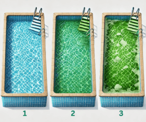 Three sequential images depicting the stages of algae growth in a pool from clear to green.