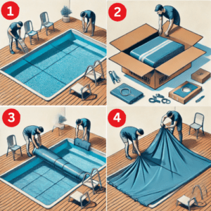 Illustration showing a four-step guide to covering a pool, from an open pool to securing a pool cover in place.