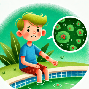 Illustration of a child with a rash after swimming in an algae-infested pool, highlighting potential skin irritation risks.