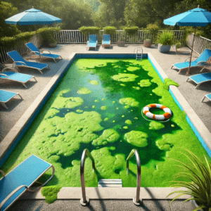 A swimming pool with severe green algae infestation, showing murky water and visible algae clumps.