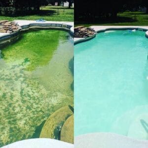 Before and after photos of a pool cleaning showing a transition from algae-infested to clean and clear water.