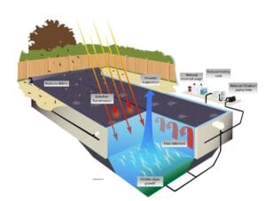 Diagram highlighting the benefits of using a pool cover, including preventing evaporation, reducing debris, and inhibiting algae growth.