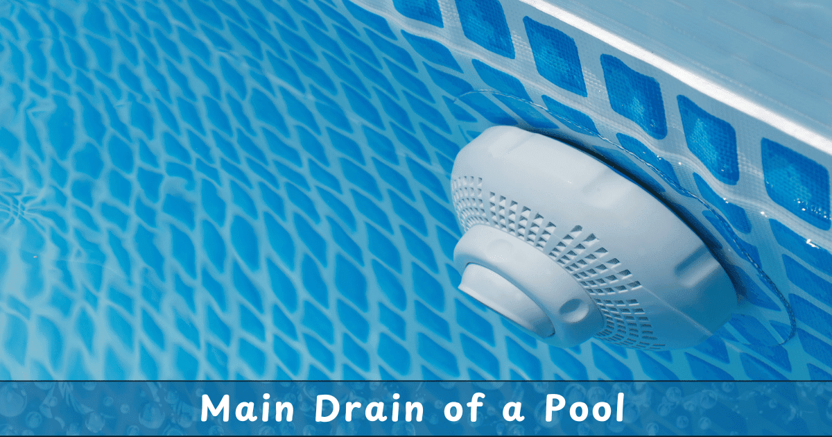 A close-up view of a main drain in an above-ground pool, featuring a round white drain cover attached to a blue pool liner with a grid-like pattern.