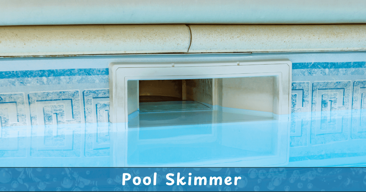 A pool skimmer installed on the side of an inground swimming pool, partially submerged in water, with a white rectangular opening framed by blue tile patterns.