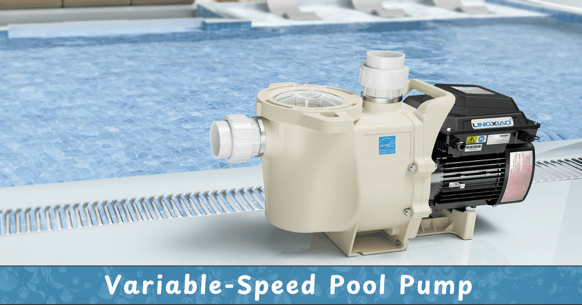 A variable-speed pool pump placed beside a swimming pool, featuring a beige body and a black motor with white inlet and outlet fittings. The pump has an Energy Star label, indicating energy efficiency.