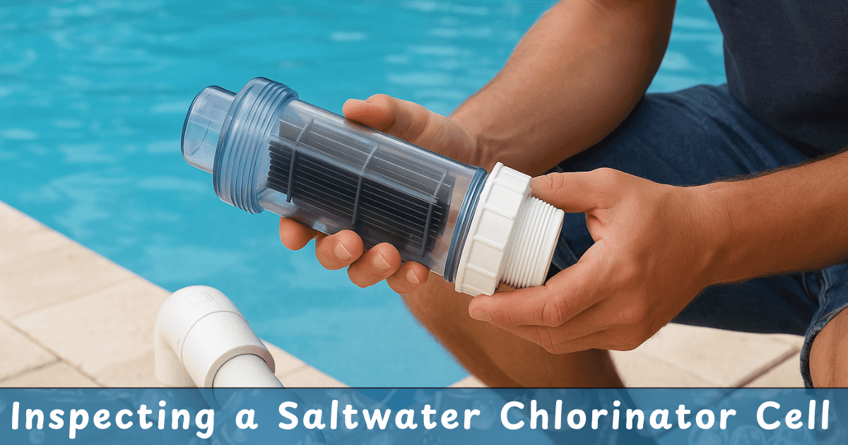 Close-up view of a man holding a saltwater chlorinator cell beside a blue swimming pool, showcasing proper pool maintenance and saltwater system inspection during summer.